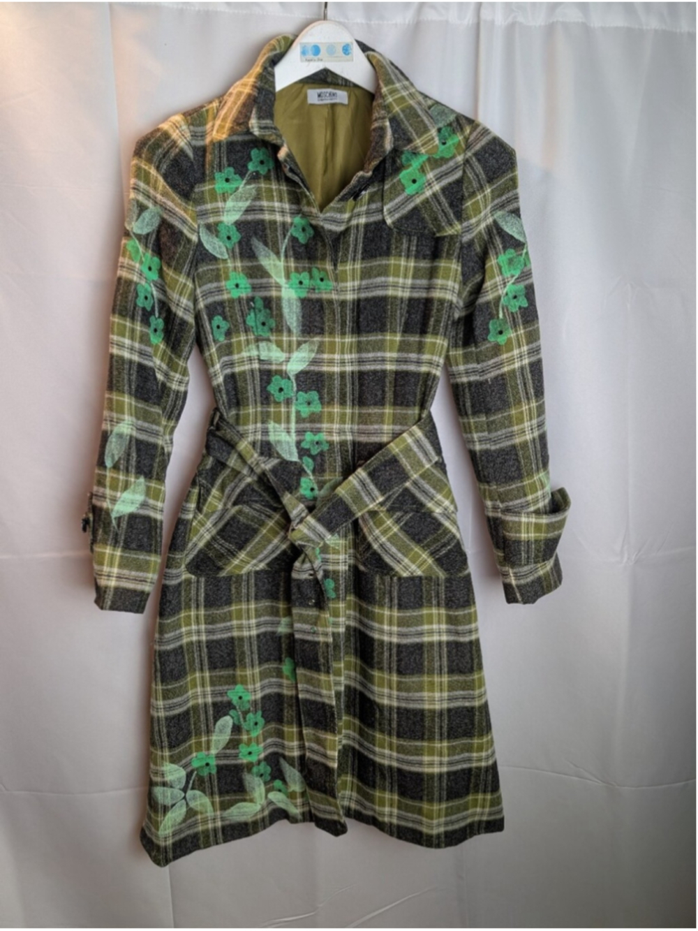 Moschino Vintage Green Plaid Floral Belted Trench Size 2 In EUC